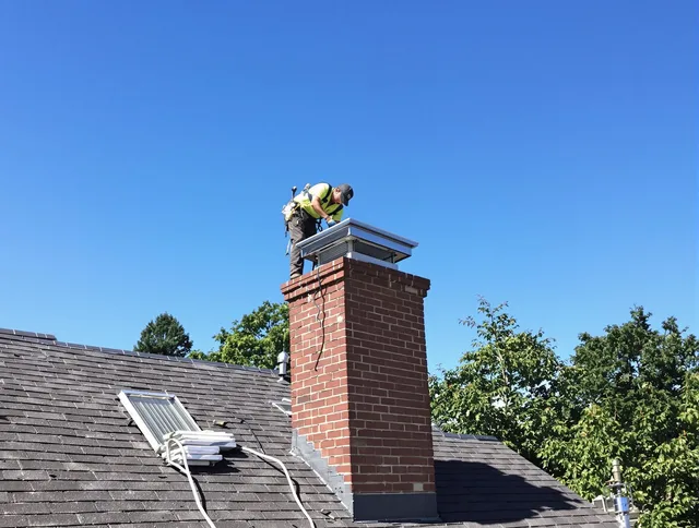 Middleburg Heights Chimney Sweep technician measuring a chimney cap in Middleburg Heights, OH